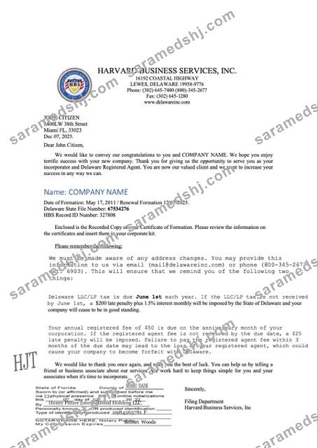 USA Delaware registration certificate Word and PDF template, version 2
